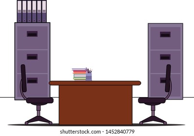 typical office room with cabinets table chair and folders