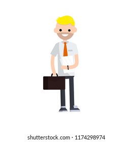 Typical office worker in a white shirt and a red tie. A man holding a file of documents and a case - cartoon flat illustration
