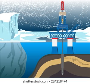 Typical Oil Mining Platform With Drilling Tower Located On The Arctic Shelf. Set On The Earth's Crust Section Showing Oil Field. EPS8 Vector Illustration.