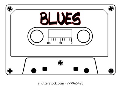 A typical old fashioned audio cassette in black line over a white background with text Blues