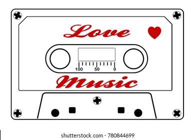 A typical old fashioned audio cassette in black line over a white background with text love music with red heart