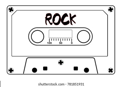 A typical old fashioned audio cassette in black line over a white background with text Rock
