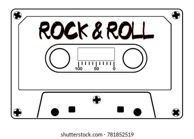 A typical old fashioned audio cassette in black line over a white background with text Rock And Roll