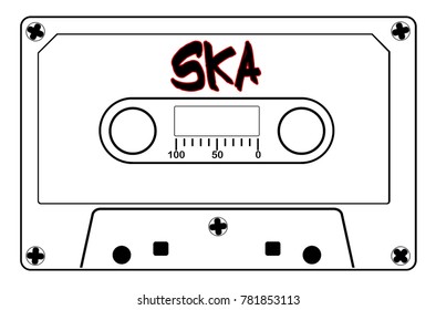 A typical old fashioned audio cassette in black line over a white background with text Ska