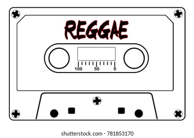 A typical old fashioned audio cassette in black line over a white background with text Reggae