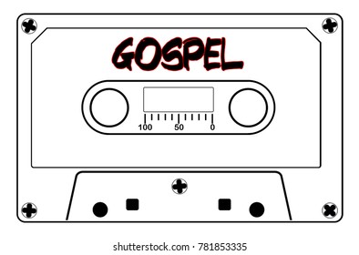 A typical old fashioned audio cassette in black line over a white background with text Gospel