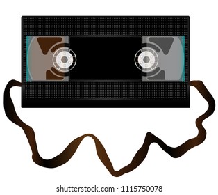 A typical old fashioned video cassette over a white background with unspooled tape