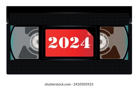 Una típica videocassette de estilo antiguo sobre fondo blanco con 2024