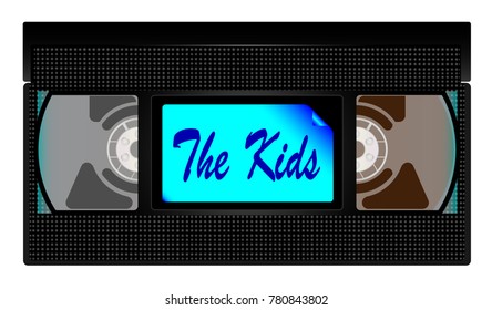 A typical old fashioned video cassette over a white background with the Kids text