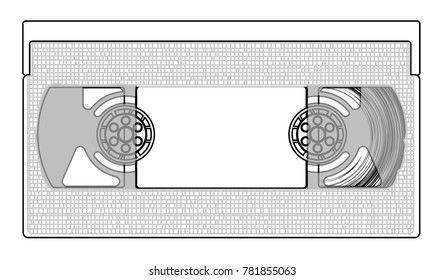 A typical old fashioned video cassette in line drawing over a white background