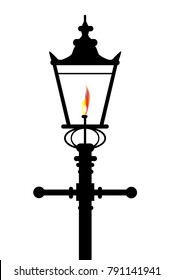 A typical old London gaslight with flame and glow over a white background