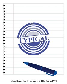 Typical pen emblem. Blue ink. Vector Illustration. Detailed. 
