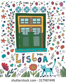 Typical Portuguese vintage window with lettering Lisboa which means Lisbon in Portuguese and walking cat. Illustration in vector format