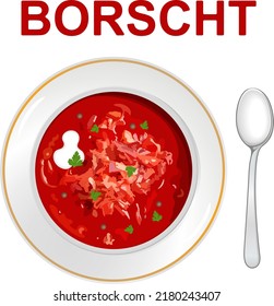 Típica remolacha roja borscht ucraniana aderezada con crema agria y salpicada con hierbas recién picadas servidas en la tazón con cuchara, vista superior. Ilustración de color del vector.