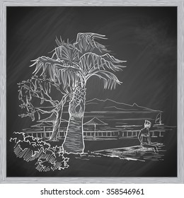Typical Red Sea resort panorama with palm tree and a girl in bikini by the pool. Sketch imitating chalk drawing on a blackboard. Sketch is isolated on a separate layer. EPS10 vector illustration.