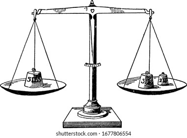 Eine typische Darstellung einer Waage-Skala mit 5 Pfund links und 3- und 2 Pfund rechts mit 3+2=5, Vintage-Linienzeichnung oder Gravierungsgrafik.
