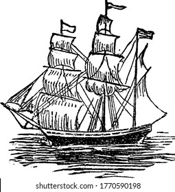 A typical representation of a bark, a ship with three masts, without a mizzen top mast, used for transporting goods and passengers from one place to another, vintage line drawing or engraving