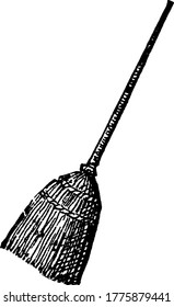 Typische Darstellung eines Besamungsraumes oder einer Bürste mit einem langen Griff, zum Fegen und Entfernen von Staub und Schmutz aller Art aus dem Boden, Vintage-Linienzeichnung oder Graviergrafik 