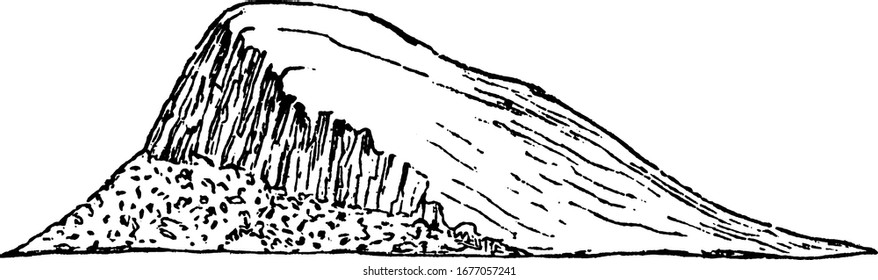 A typical representation of a bluff with broken stones at its base. A bluff is a kind of a very broad and rounded cliff that borders the coastal areas, vintage line drawing or engraving illustration.