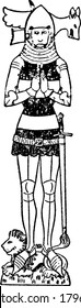 A typical representation of the brass armor of Sir John de Foxley, whose feet rests on a lion and the stem rests on a fox couchant and himself at the center, vintage line drawing or engraving.
