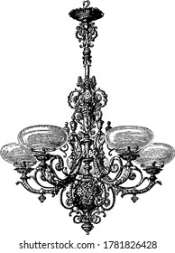 Representación típica de una candelabra alemana de bronce de gran tamaño y que contiene muchas lámparas, dibujos de líneas antiguas o ilustraciones de grabado.