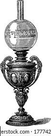 Eine typische Darstellung einer bronzenen deutschen Lampe, die auf einer Gravur, einer Vintage-Linienzeichnung oder Graviergrafik angebracht ist.
