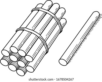 A typical representation of a bundle of 11 sticks bundled in tens that can be used when teaching counting, grouping, and place value, vintage line drawing or engraving illustration.