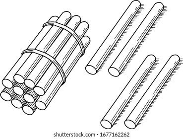 Uma representação típica de um pacote de 14 palitos empacotados em dezenas que podem ser usados para ensinar contagem, agrupamento e valor de lugar, vintage desenho de linha ou gravura ilustração.