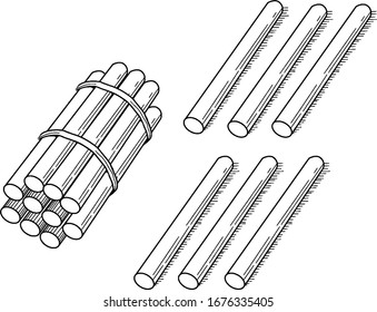 A typical representation of a bundle of 16 sticks bundled in tens that can be used when teaching counting, grouping, and place value, vintage line drawing or engraving illustration.