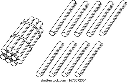 Representación típica de un grupo de 19 palos agrupados en decenas que se pueden utilizar para enseñar el recuento, agrupación y valor de lugar, dibujo de línea vintage o ilustración de grabado.