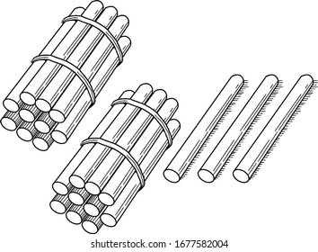 A typical representation of a bundle of 23 sticks bundled in tens that can be used when teaching counting, grouping, and place value, vintage line drawing or engraving illustration.