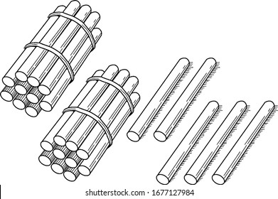 A typical representation of a bundle of 25 sticks bundled in tens that can be used when teaching counting, grouping, and place value, vintage line drawing or engraving illustration.