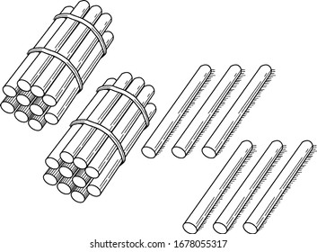 Representación típica de un grupo de 26 palos agrupados en decenas que se pueden utilizar para enseñar el recuento, agrupación y valor de lugar, dibujo de línea vintage o ilustración de grabado.