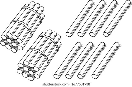 Representación típica de un grupo de 28 palos agrupados en decenas que se pueden utilizar para enseñar el recuento, agrupación y valor de lugar, dibujo de línea vintage o ilustración de grabado.