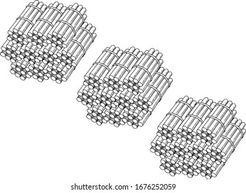 A typical representation of a bundle of 300 sticks bundled in hundreds that can be used when teaching counting, grouping, and place value, vintage line drawing or engraving illustration.