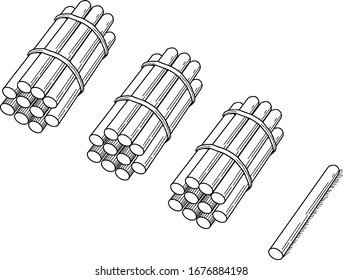 Representación típica de un grupo de 31 palos agrupados en decenas que se pueden utilizar para enseñar el recuento, agrupación y valor de lugar, dibujo de línea vintage o ilustración de grabado.