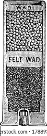 A typical representation of central-fire cartridge, with a primer situated in the middle of the cartridge case head at the primer level, vintage line drawing or engraving illustration.