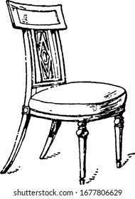 Representación típica de la silla creada durante el periodo Imperio Francés, con patas, carencia de brazos y tiene un asiento redondo, dibujo vintage de línea o ilustración grabadora.