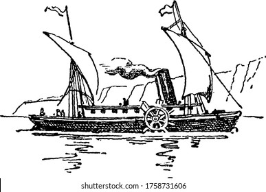 A typical representation of the Clermont, widely regarded as the world's first vessel to demonstrate the viability of using steam propulsion for commercial water , vintage line drawing or engraving.