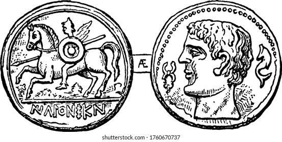 A typical representation of the coin of Illiberis. The name Iberians seems to have been applied by the earlier Greek navigators to those who inhabited the eastern coast of Spain, vintage line drawing.