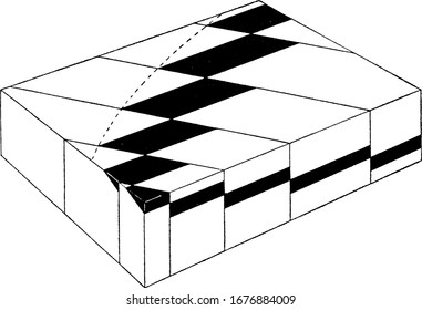 A typical representation of the crescentic offsetting of outcrops (visible exposure of bedrock) due to the increasing throw of orgaraphic blocks, vintage line drawing or engraving illustration.