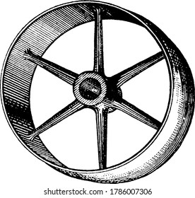A typical representation of a crown pulley with a convex rim. It is used for many purposes, especially where various cases belts are in danger of slipping off, vintage line drawing or engraving.