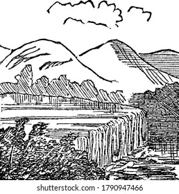 A typical representation of a dam, bank of earth, or any wall, or a frame of wood, to obstruct the flow of water., vintage line drawing or engraving illustration 