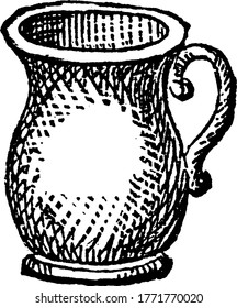 eine typische Darstellung eines Erdschiffs; einen Topf oder einen Krug; eine mit einem Handgriff ausgestattete Tasse, in der Wasser oder Flüssigkeiten gefüllt und in andere kleine Tassen gegossen werden können, Vintage-Linie-Zeichnung