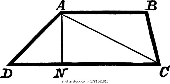 A typical representation of an example of a quadrilateral used to find its area. Generally, quadrilateral is a polygon that consists of four segments, vintage line drawing or engraving illustration 