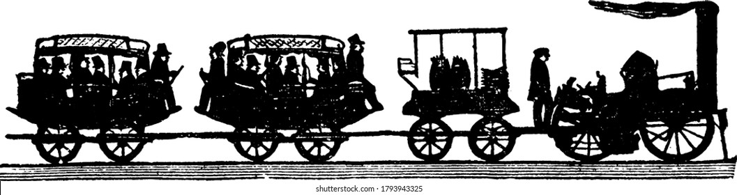 Una representación típica del primer tren de coches con pocos pasajeros con trajes de abrigo y sombreros, viajes en él, dibujos de líneas antiguas o ilustración de grabado.
