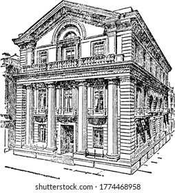 A typical representation of the front view of the large building, Liverpool branch of the bank of England with remarkable designs, vintage line drawing or engraving illustration.