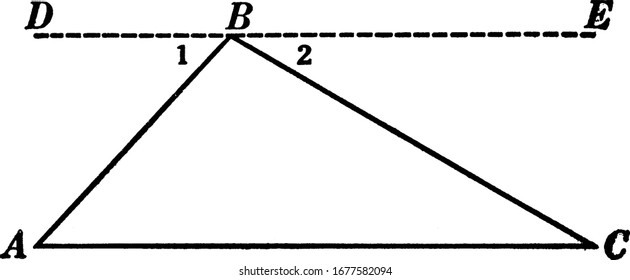 Eine typische Darstellung der geometrischen Konstruktion, die verwendet wird, um den Satz zu beweisen, die Summe der Winkel eines Dreiecks ist zwei rechte Winkel, Vintage Linie Zeichnung oder Gravitation Illustration.