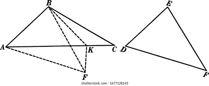 Representação típica da construção geométrica quando dois triângulos têm dois lados de um igual, respectivamente, a dois lados do outro, desenho de linha vintage ou ilustração de gravação.