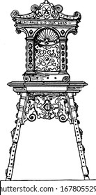 Una representación típica de la silla alemana que fue decorada con piedras, con un solo asiento y carece de brazos, dibujo vintage o ilustración grabadora.